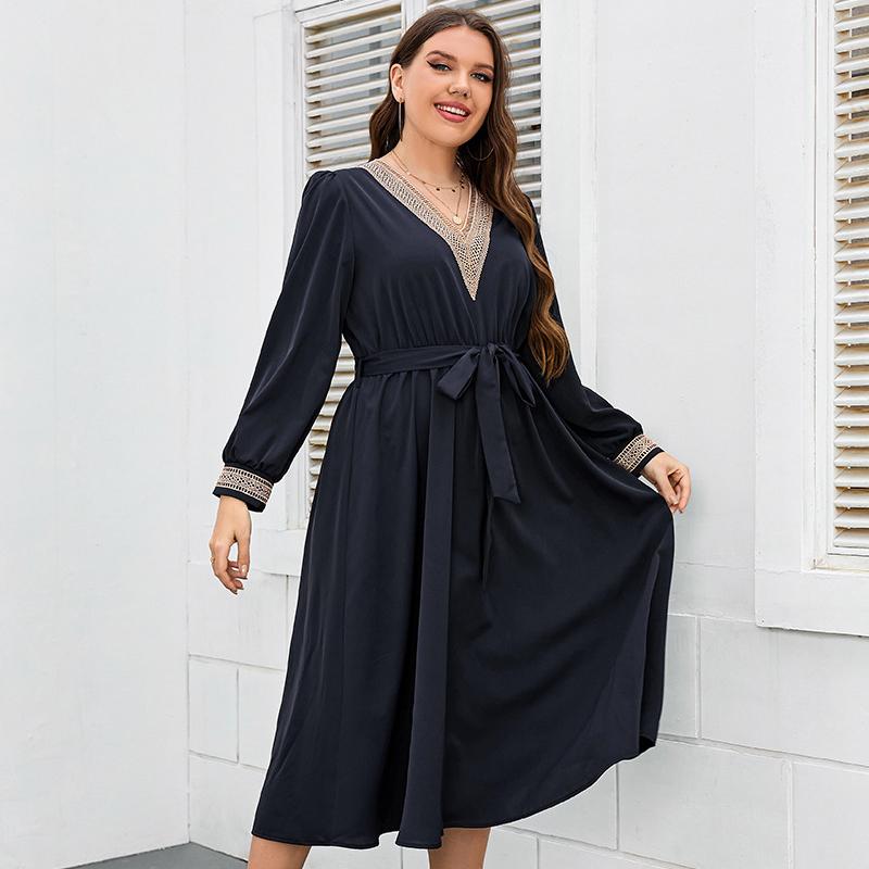 Women 's Casual Lantern Long Sleeve Dresses V-Neck Lace Stitched Plus Size Dress for Female Tie Up Mid-Length Dress Commuter Fashion Maxi Dresses