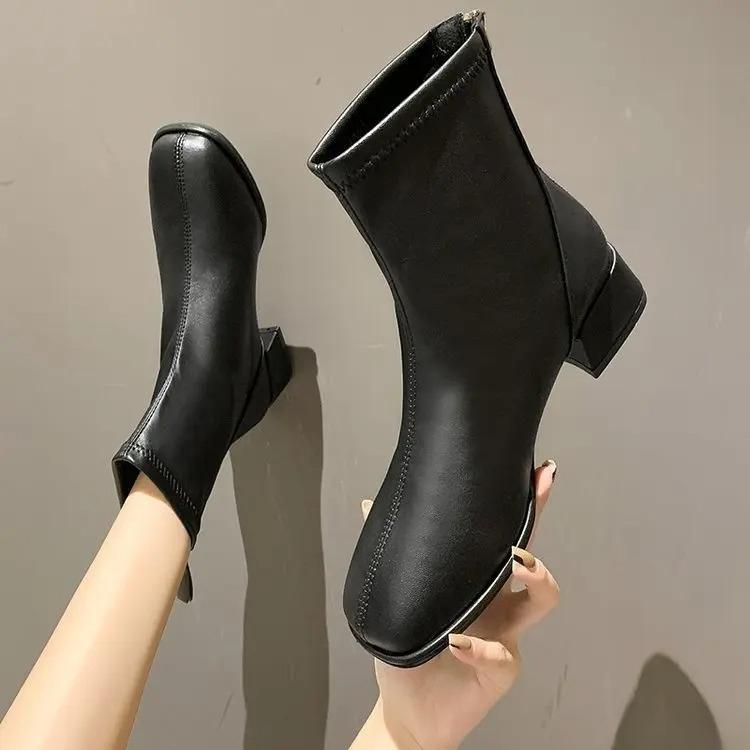 Fashion Autumn/Winter New Square Zipper Women's Retro Short Boots with Middle Heel and Ankle Fashion Elastic Socks Women's Boots