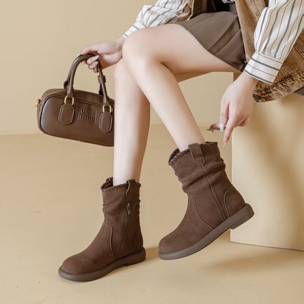 Skinny Round Head Pile Boots Women's Shoes Maillard Vintage Casual Desert Western Boots Versatile Medium Tube Martin Boots