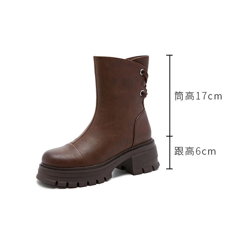 Britische Plateau Leder Martin Stiefel Damen Vielseitige Retro Skinny Medium Stiefel Runde Spitze Hoher Absatz Ritter Chelsea Stiefel