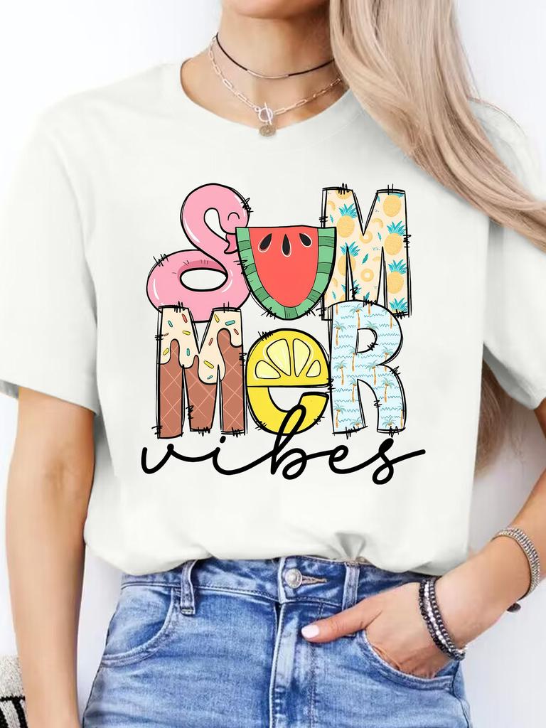 Women'S Round Neck Short Sleeve Sports T-Shirt with Letter Print for Spring and Summer Casual Wear