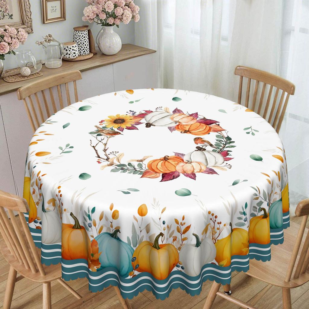 Vintage Pumpkin And Autumn Leaf Tablecloth, Turquoise Pumpkin Pattern Farmhouse Thanksgiving Table Decoration Autumn Home