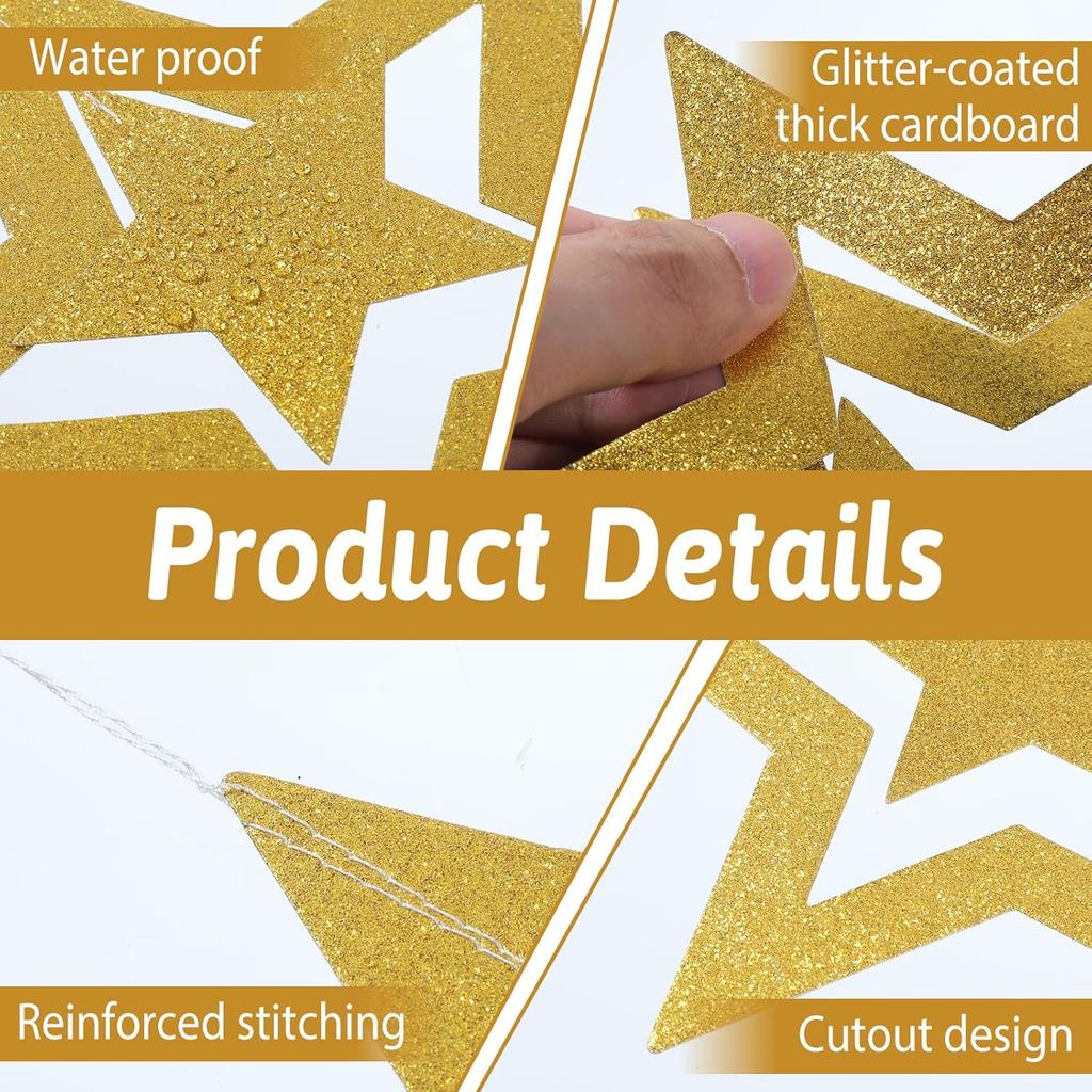 28PCS Gold Hanging Stars Decorations Glitter Cutouts with 7 Sizes Star Wall Decorations Double Sided Hanging Yard Decor for Party Wall Decor