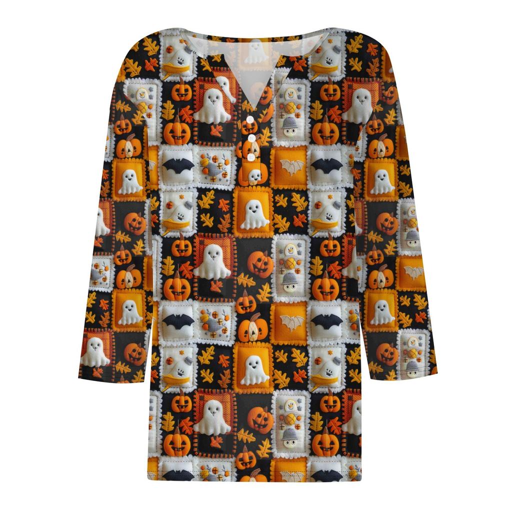 Damen T-Shirt mit Aufdruck, Knopfleiste, 3/4-Ärmel, modisch für den Alltag und das Wochenende, Basic, V-Ausschnitt, normales Oberteil