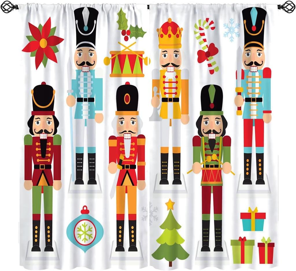 Kids Christmas Nutcracker Curtain Soldier Model Merry Xmas Window Treatments For Bedroom Living Room Snowflakes Winter Reddrapes
