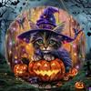 Spooky Halloween Wooden Door Sign with Black Cat and Witch Hat Print - Round Shape Wreath Door Hanger for Party Decorations and