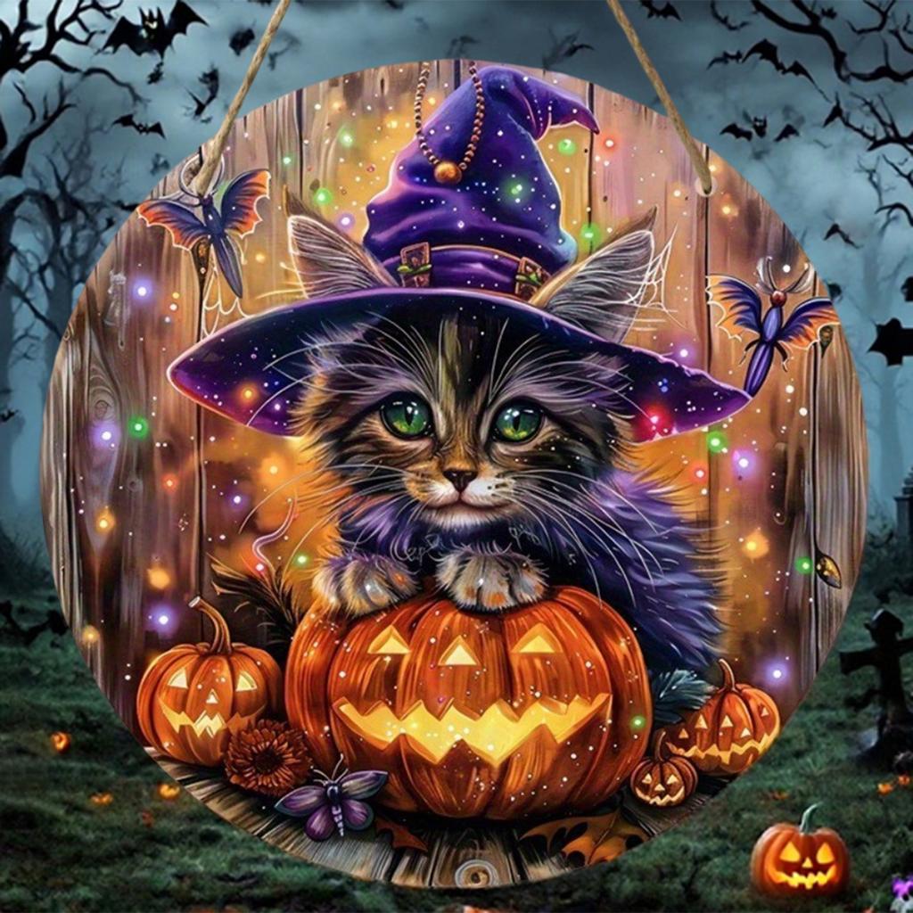 Spooky Halloween Wooden Door Sign with Black Cat and Witch Hat Print - Round Shape Wreath Door Hanger for Party Decorations and