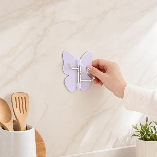 4PCS Butterfly Rotating Self Adhesive Hook, 3-Hook 270 Swivel Design, No Drill Wall Mount Storage Hooks, for Hanging Towels Keys Bags Hats