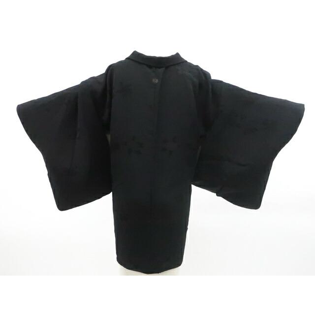 Recycled kimono, black haori, haori, sewn crest, flower ground pattern, haori with strings, pure silk kimono, body length approx. 83cm, sleeve