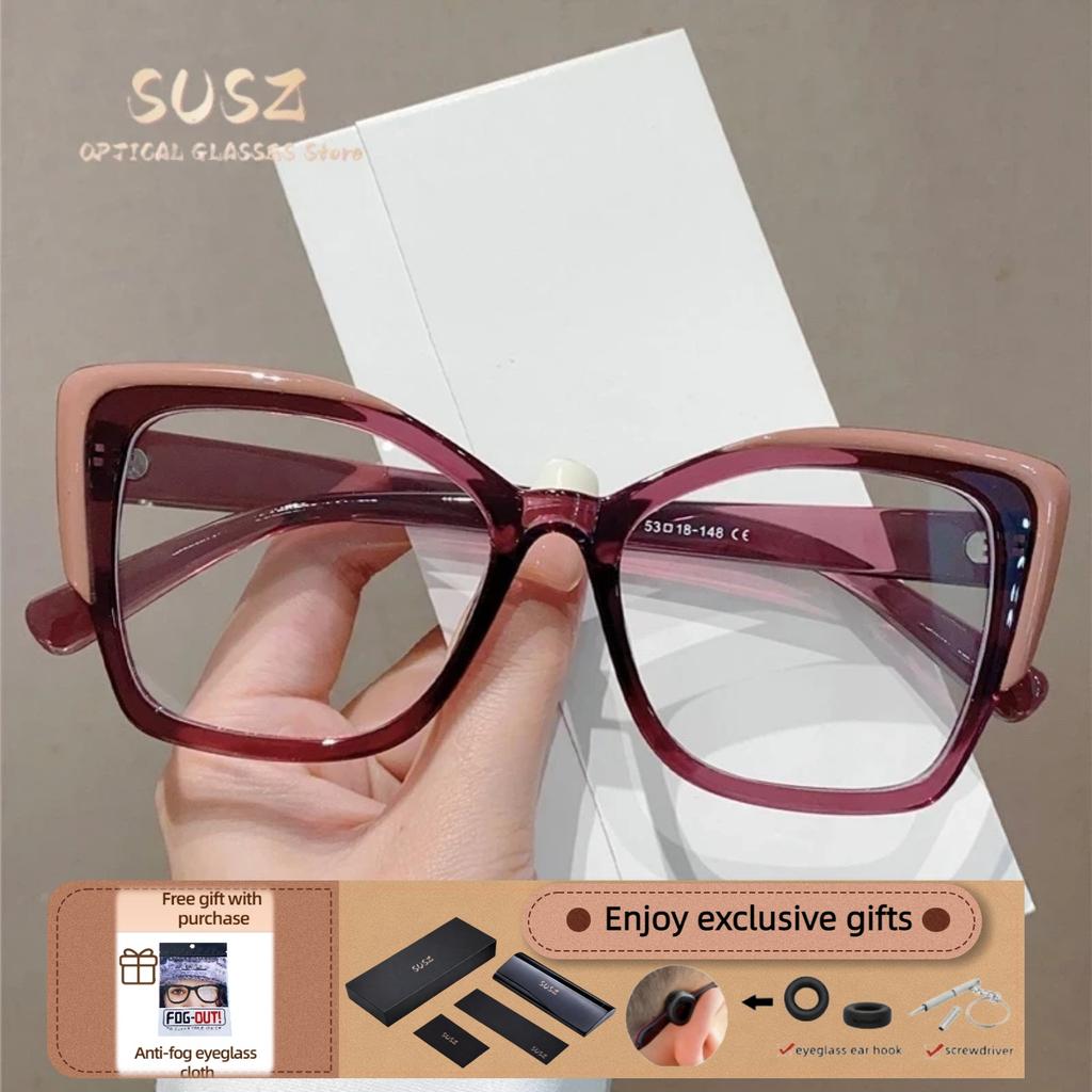 SUSZ Reading Glasses Rectangle Cat Eye Oversize Frame Prescription Optical Glasses Blue Light Blocking Myopia Glasses