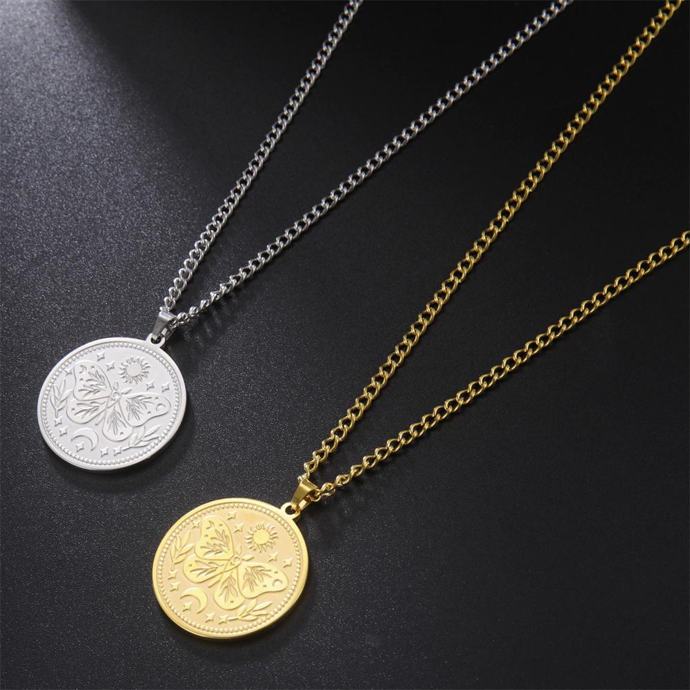 Witchcraft Butterfly Monn Sun Round Necklace Vintage Stainless Steel Luna Moth Pendant Necklace Fashion Birthday Jewelry