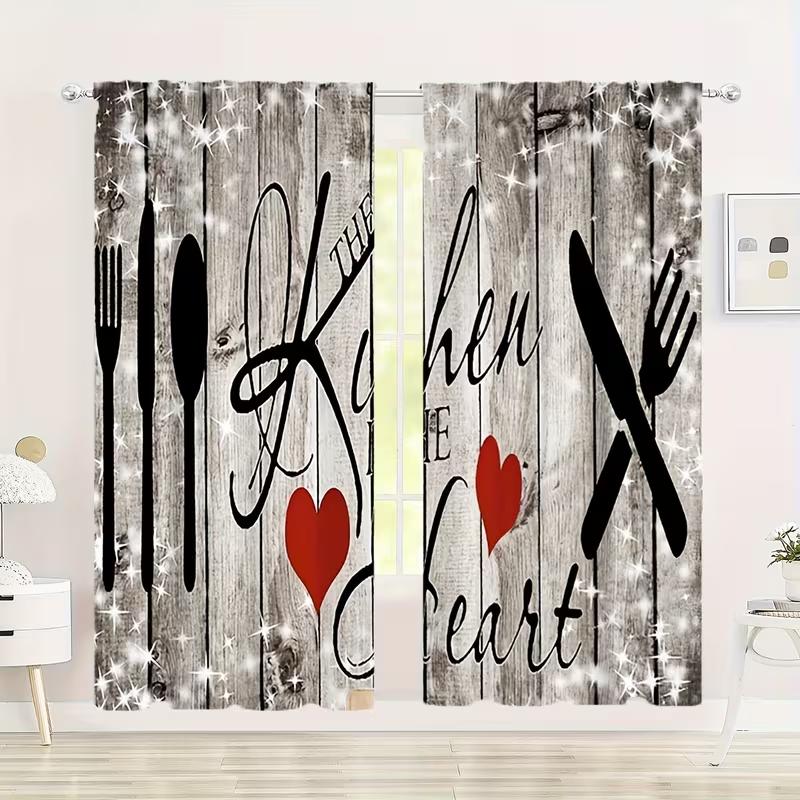 2pcs Kitchen Utensil & Wooden Patterned Curtains   Design for Kitchen Window Decoration   Rod Pocket Curtains