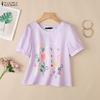 ZANZEA Women Casual Round Neck Short Sleeve Floral Print Blouse