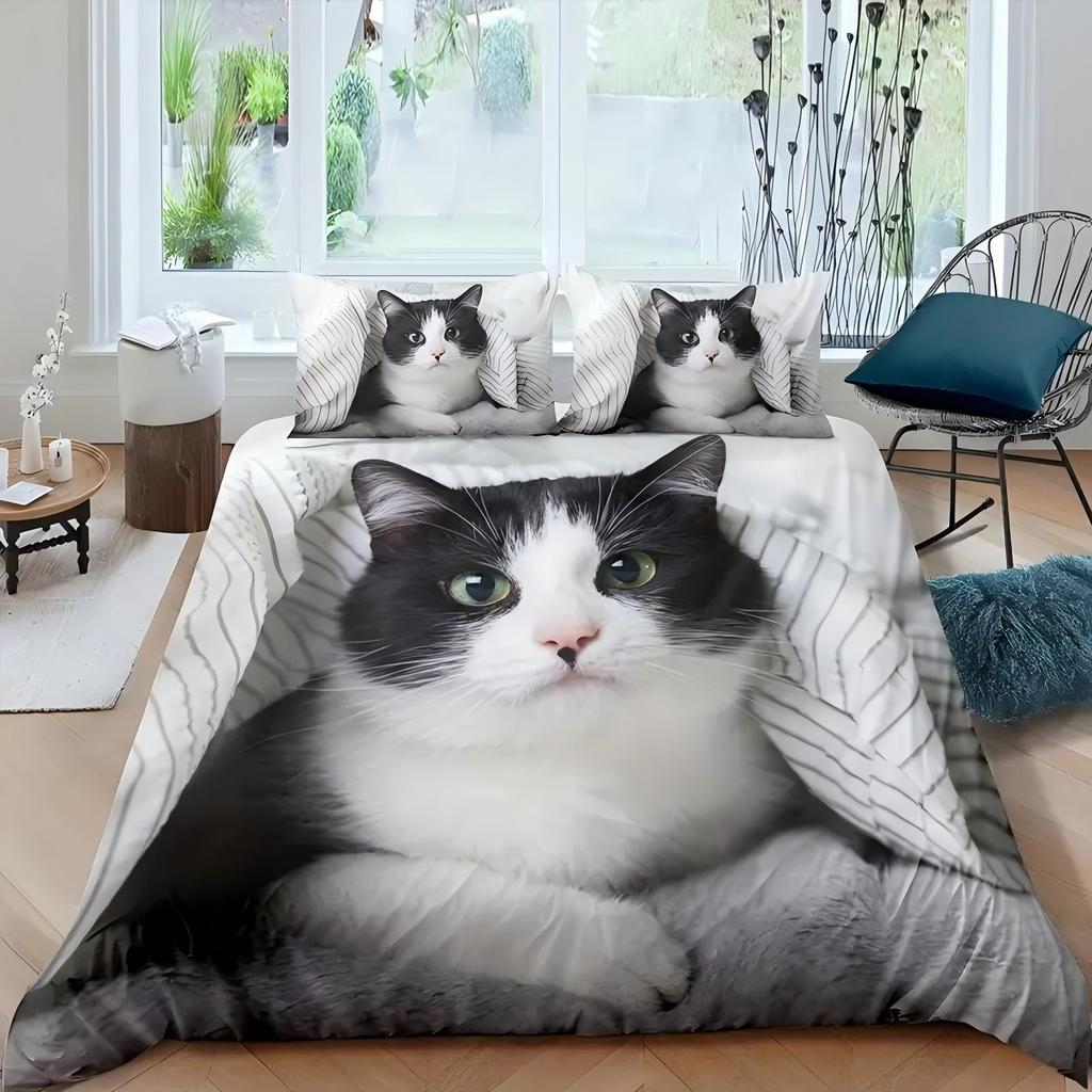 Black White Cat Print Bedding Set for Kid Teen Adult Cute Animal Style Duvet Cover Soft Comfortable Home Polyester Quilt Cover