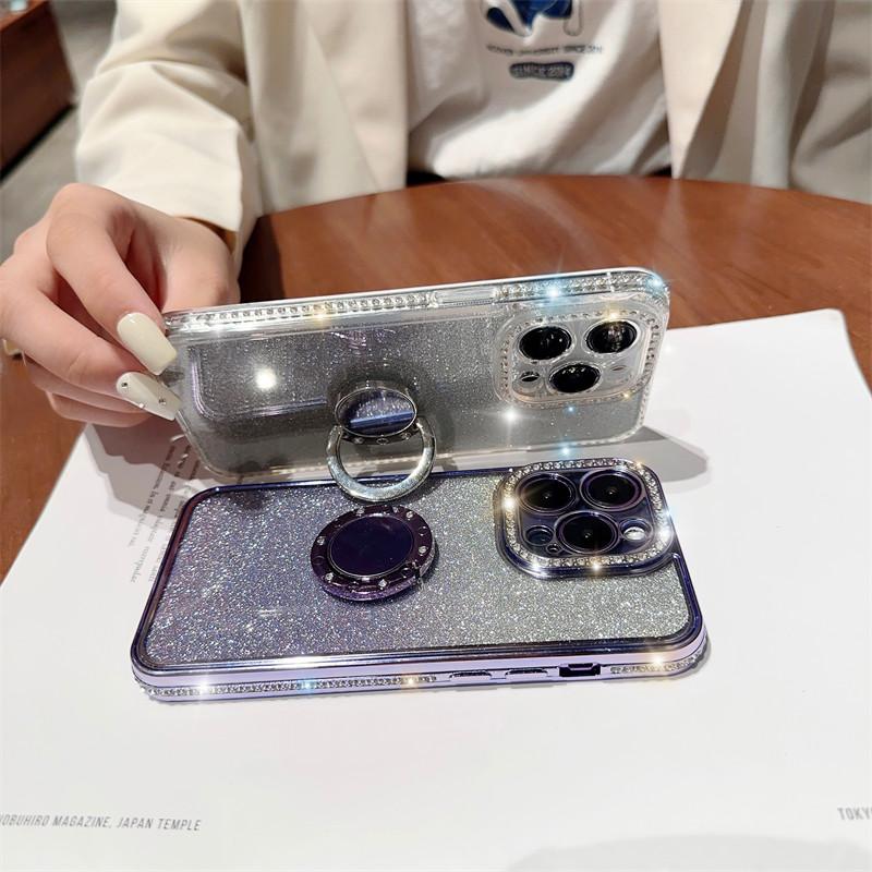 Gradient Glitter Ring Holder Phone Case For Iphone 14 13 12 11 Pro Max Xs Max Xr 14plus Shining Plating Cover Shockproof Clear