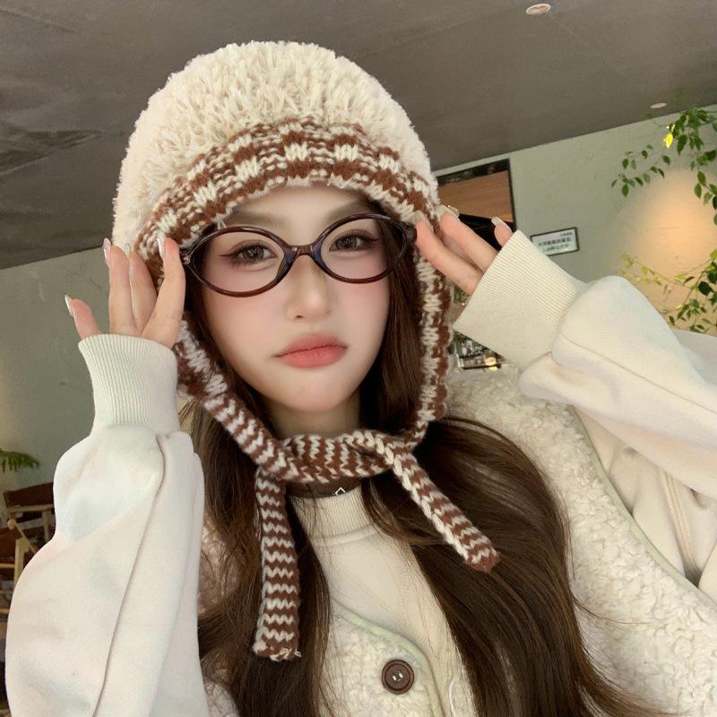 Autumn and winter hat female sweet cute girl plush knitted hat winter protection ear knitted wool hat
