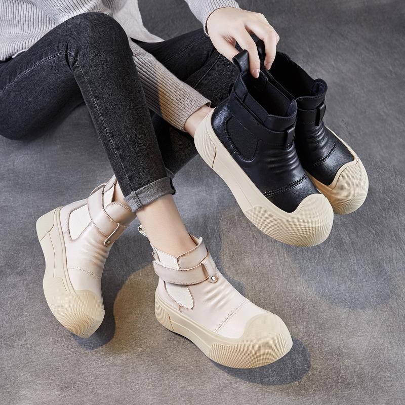 Fashion New 5cm Fashion Women Chunky Platform Ankle Boots Spring Autumn Genuine Leather Pleated Slip On Thick Sole Casual Short Boots