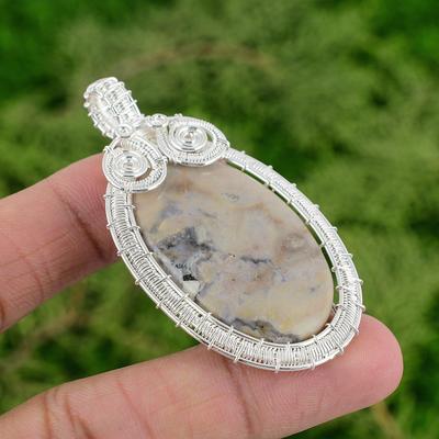925 Sterling Silver Porcelain Jasper Gemstone Boho Wire Wrapping Pendant Jewelry