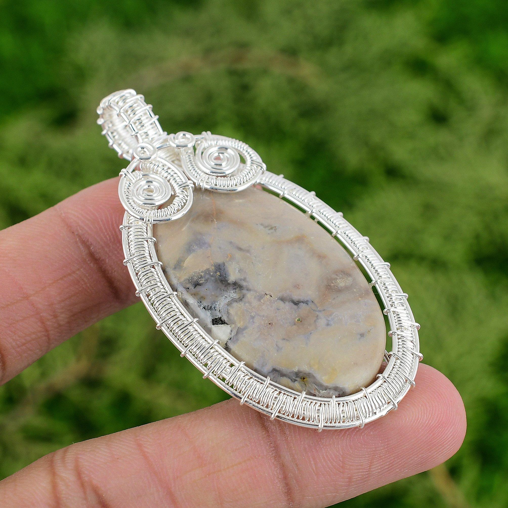 

925 Sterling Silver Porcelain Jasper Gemstone Boho Wire Wrapping Pendant Jewelry