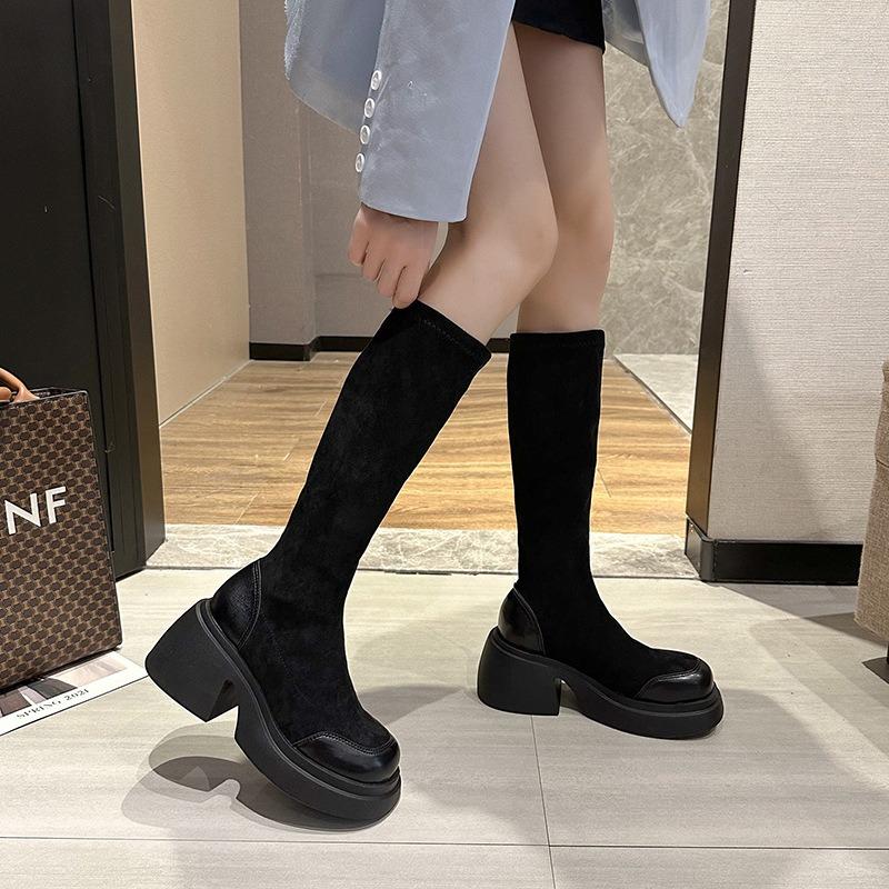 Thick-soled Boots Women's Spring and Autumn Boots Women's Knee-length Small Black Boots Elastic Thin Tall Fashion Boots