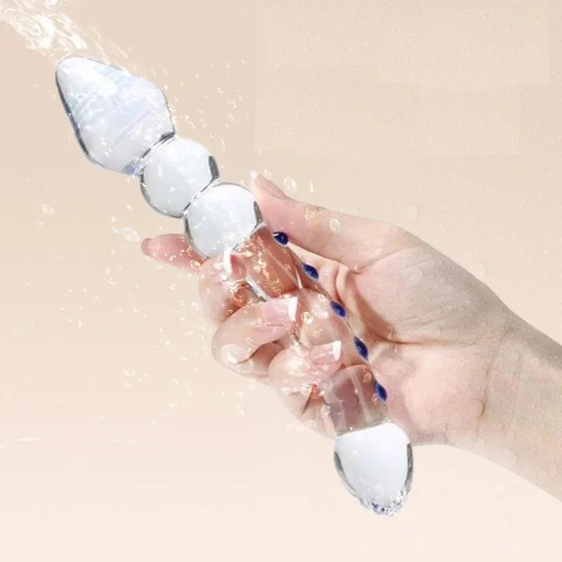 Double Ended Crystal White Pyrex Glass Dildo Artificial Penis Granule Spiral G Spot Massager Adult Game Sex Toys for Woman Gay