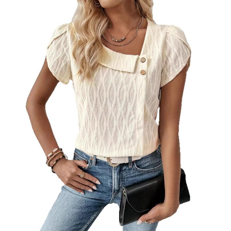 Women Elegant Solid Color Slanted Collar Short Sleeve Casual Blouse