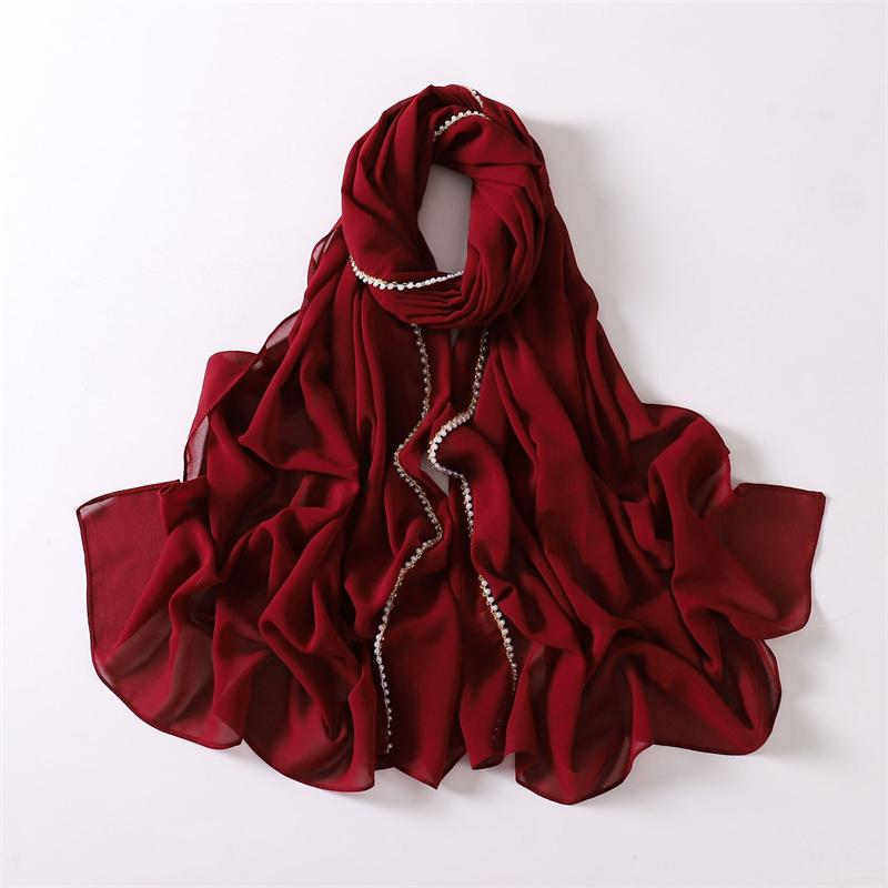 Luxury  Pearl Chain Bubble Chiffon Hijab Veil Ramadan Long Necklace Scarf Shawl Headscarf Bufandas Muslim Headband 175*70Cm