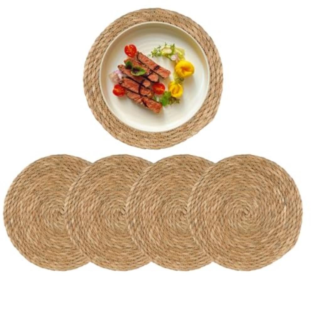 Natural Boho Round Placemats Set of 4 Handwoven Brown Water Hyacinth 12 Inch Table Decor for Dining Table and Everyday Use