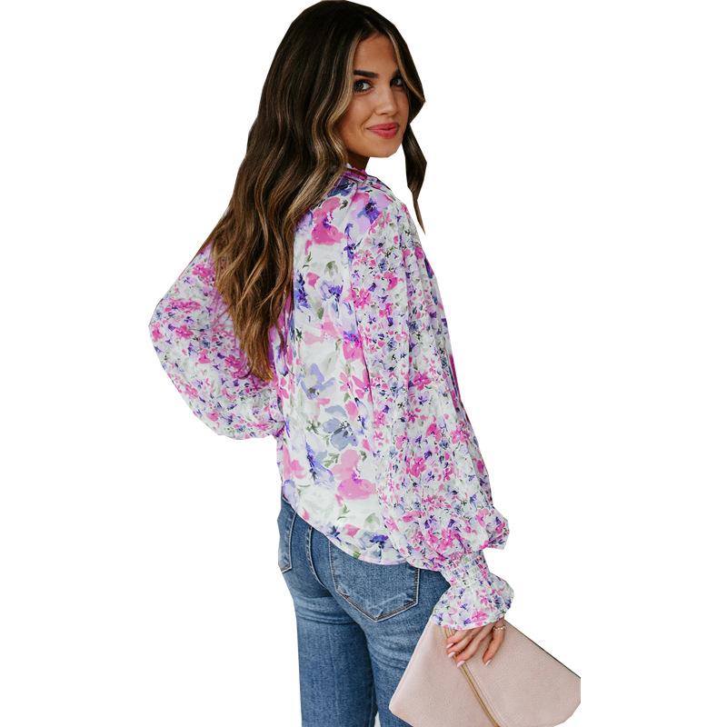 Women's Fashion Casual Spring Autumn Flower Pattern Print Long Sleeve V-Neck Blouses & Shirts