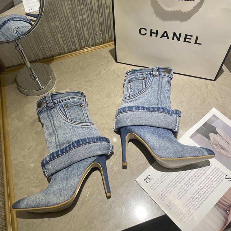 Fashion Hot Selling 2025 Winter New Women's Fashion Denim Pointed Toe High Heels Mid-calf Fashion Boots Women's Sleeve Cowboy Boots