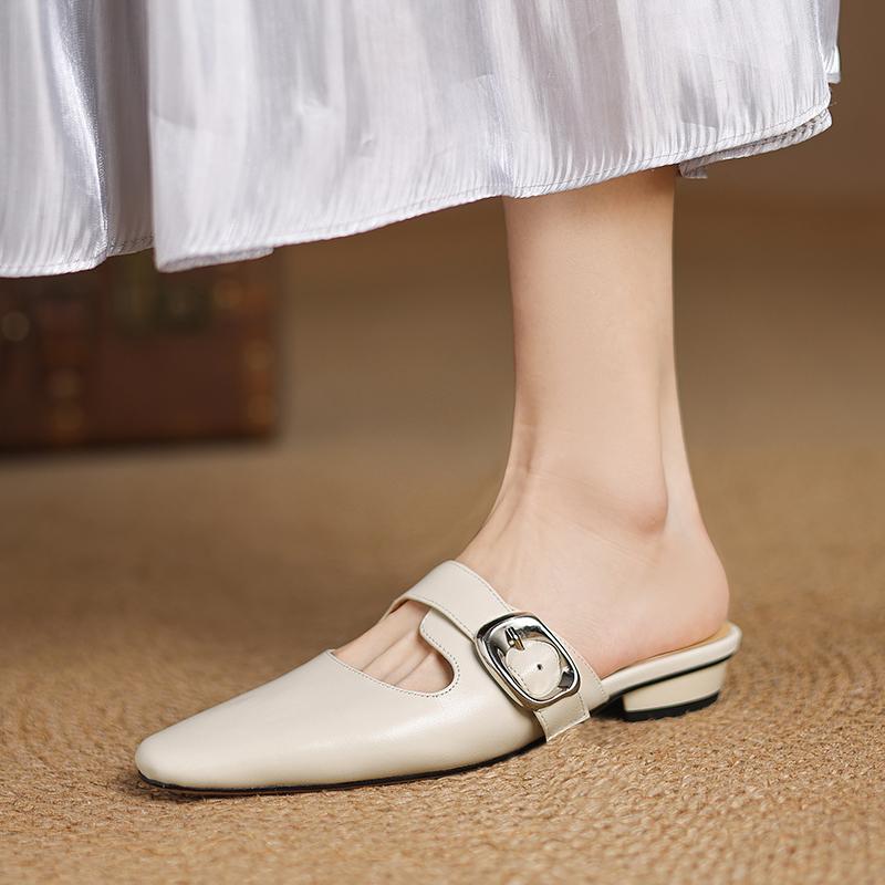 Fashion 2025 NEW Summer Women Mules Genuine Leather Women Shoes Round Toe Low Heel Shoes Cover Toe Slingback Sandals Modern Slippers