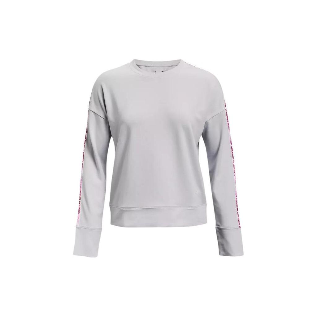Under Armour Rival Terry Crew Neck Side Stripe Letter Drop Shoulder Long Sleeve T-Shirt Women Tops Haze-Gray 1360905-014