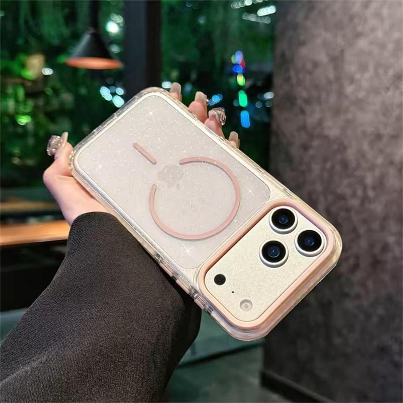 

Transparent Glitter Bling Magnetic Case For iPhone 17 Air 16 15 13 12 Pro Max Plus For Magsafe Charging Soft Bumper Phone Cover iPhone 12 розовый