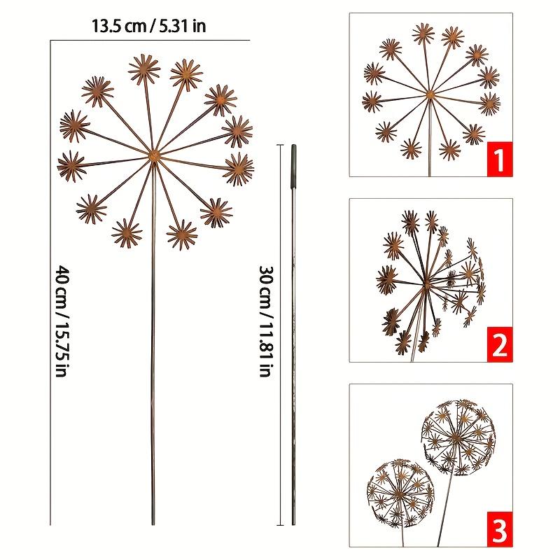 1 Set Vintage Löwenzahn Garten Skulpturen, 3D Kugel Blumenstäbe für die Gartengestaltung, Rustikale Metallpflanzenkunst mit manueller Blütenblattöffnung