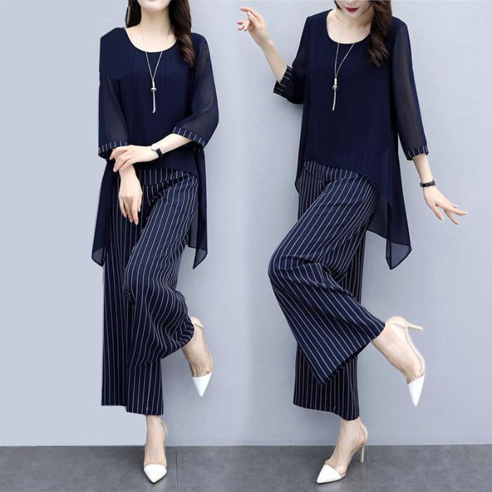 Traje Cubre Vientre Estilo Occidental Dos Piezas Pantalones Pierna Ancha Mujer Talla Grande Gordo Holgado Adelgazante Top de Gasa Verano