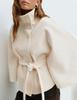 Women's Solid Color Cape Trench Coat with Stand Collar, Button, and Belt - Autumn/Winter 2025 Collection