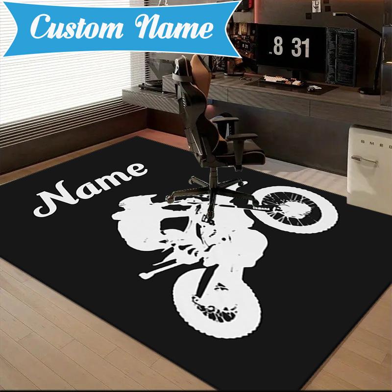 Custom Name Sport Bike Rug for Living Room, Game Rooms, Office, Bedroom, Floor Mat Playful Design, fan gifts Christmas decor