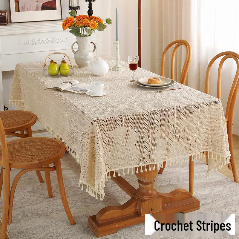 American Retro Beige Crochet Tablecloth - Knitted Non-Slip Hollow Design