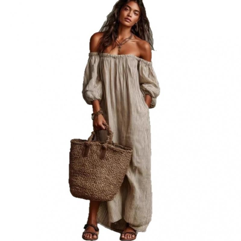 New Bohemian Off-the-shoulder Lantern Sleeves Loose Large Size Cotton and Linen One-word Shoulder Striped Dress
