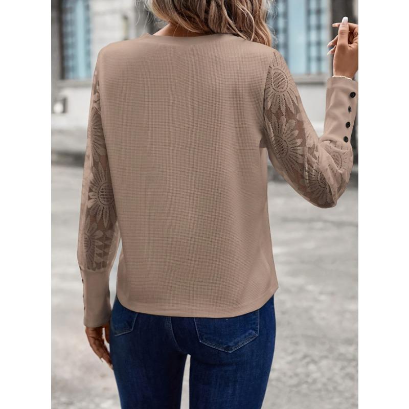 Autumn Solid Color Long Sleeved Embroidered Lace Patchwork Waffle Round Neck Top T Shirt