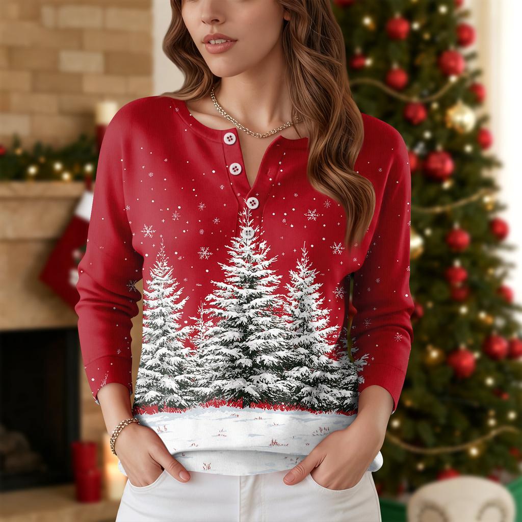 Dámský módní top s dlouhým rukávem a vánočním potiskem sněhových vloček, elegantní ležérní top