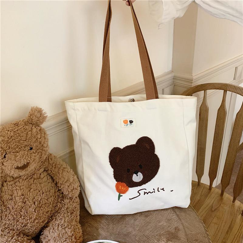 Городская стильная холщовая сумка-тоут с вышитым медведем, вместительная, для студентов. One Bear