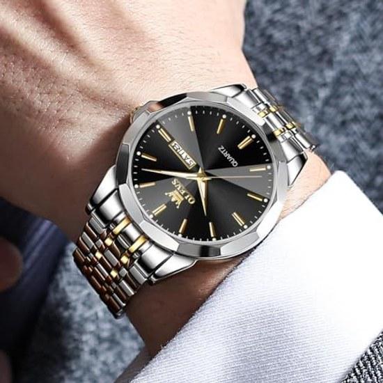 OLEVS mens watch diamond business dress analog quartz stainless steel waterproof luminous date two-tone luxury casual black One Piece