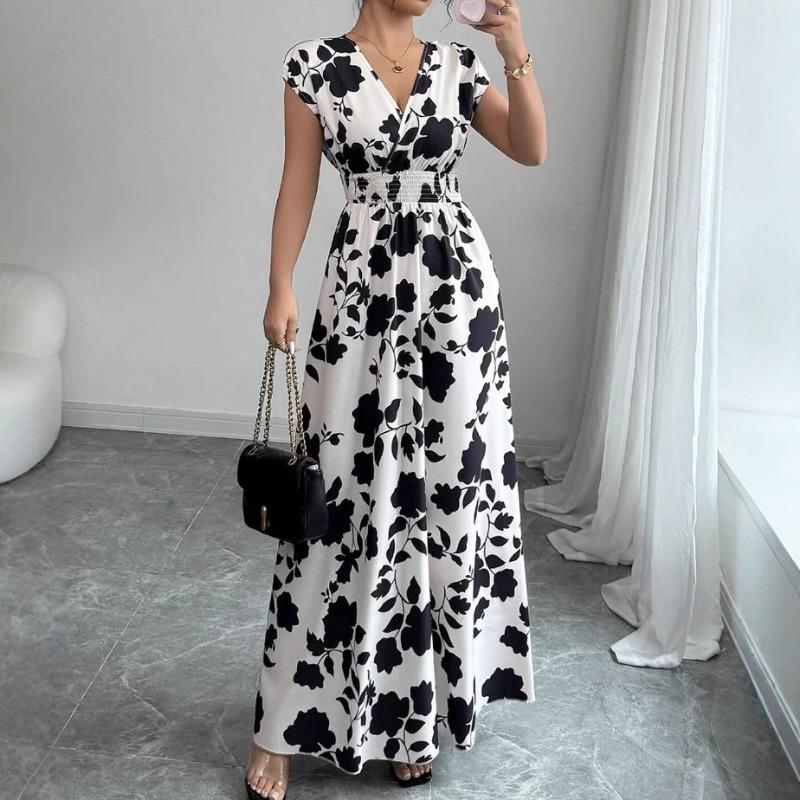 New Printed V-neck Short Sleeved Summer Dress Waist Cinching A-line Party Dresses Casual Elegant Sweet Long Dress Losoe Casual Women's Clothing