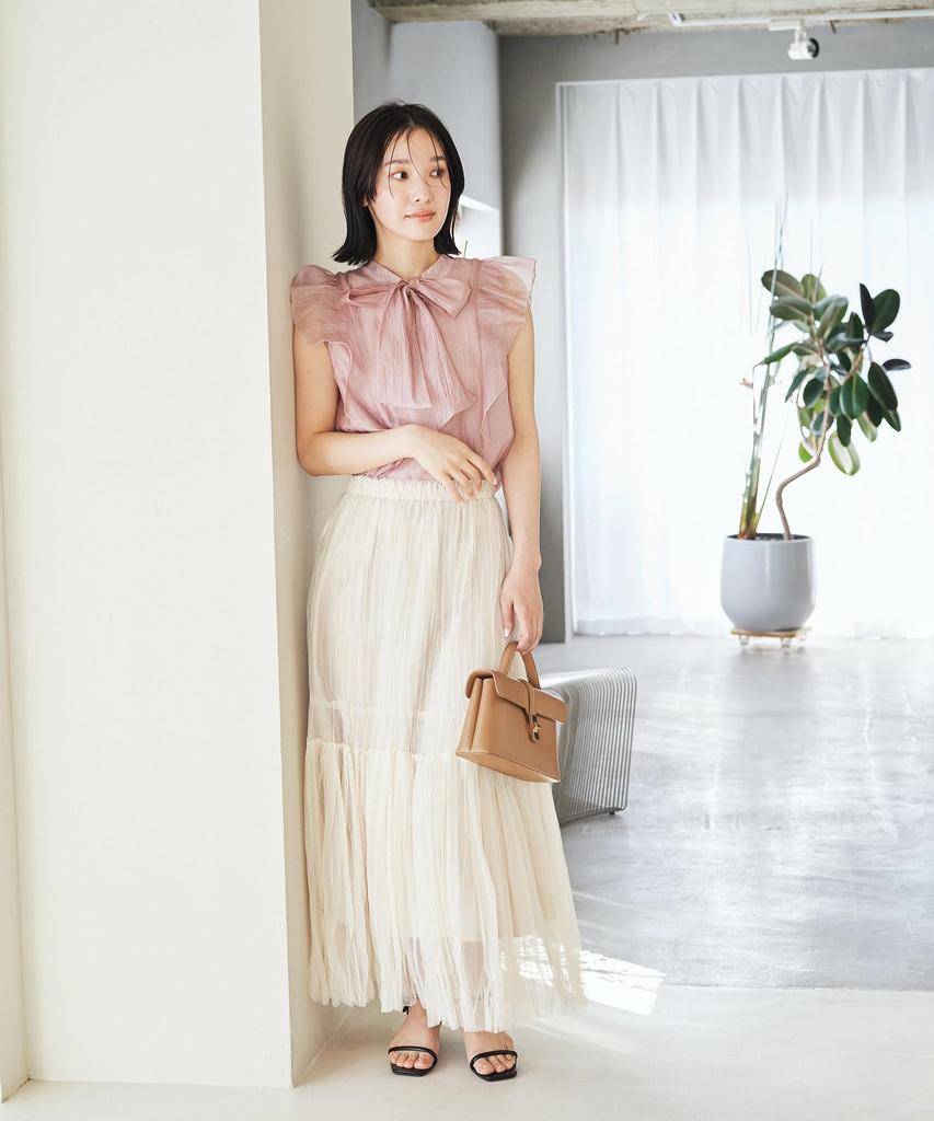 Washable Shiny Bowtie Frill Front and Pink [BIS] Women's Blouse, 2-Way Back, (63)