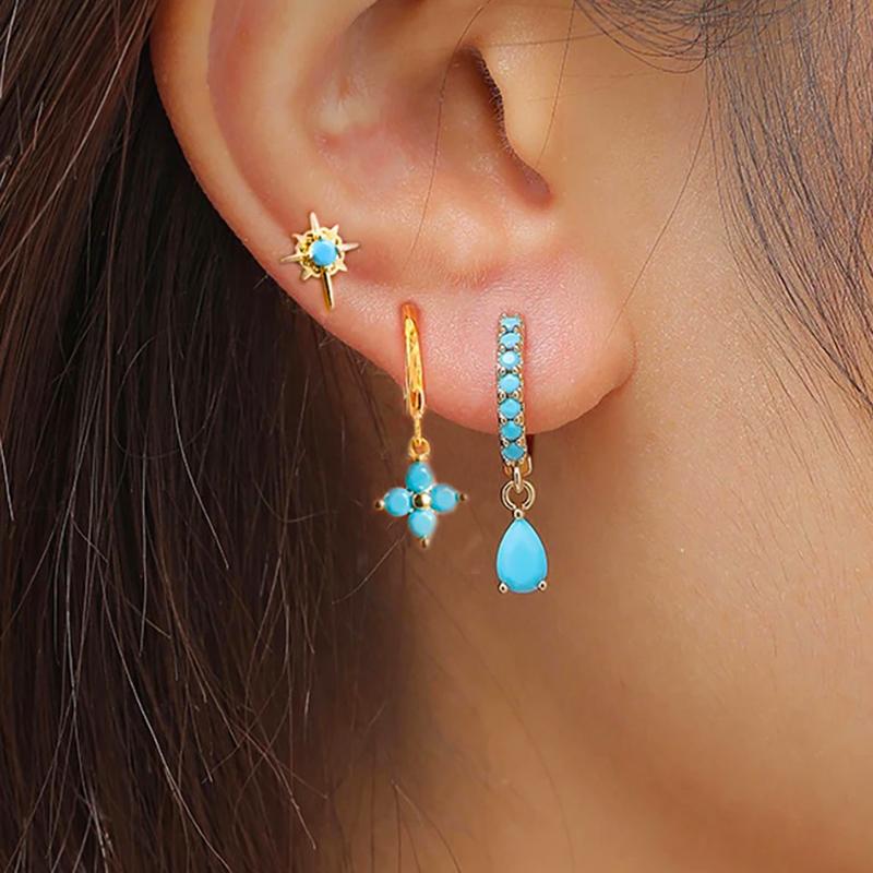 3PCS Stainless Steel Cubic Zirconia Water Drop Hoop Earrings Set For Women Simple Huggies Blue Star Cartilage Piercing Jewelry