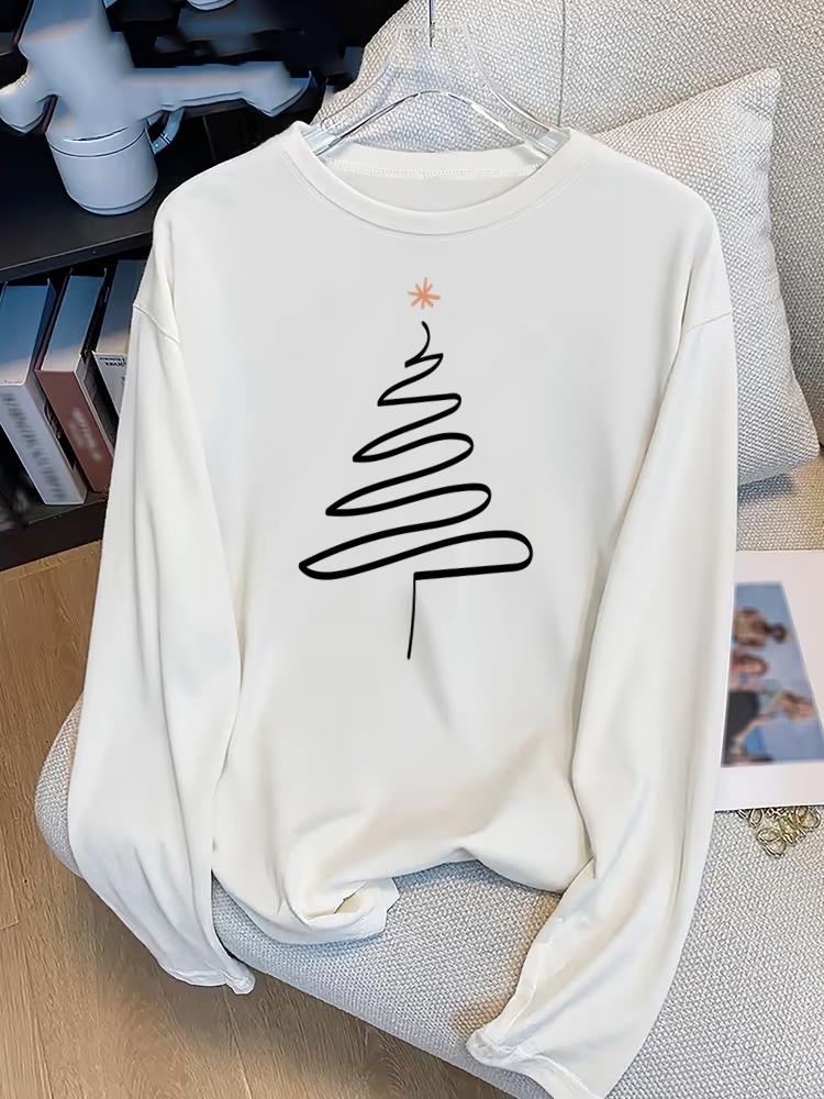 (Asian Size) Lovely Tree Print T Shirt Christmas New Year Graphic Tee Women Autumn Winter Casual Fashion Top Clothing Long Sleeve T-shirts