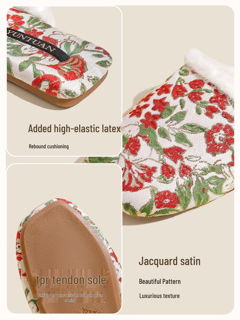 Damen Fleecegefütterte Florale Jacquard Chinesischer Stil Rutschfeste Warme Baumwollpantoffeln für Herbst und Winter