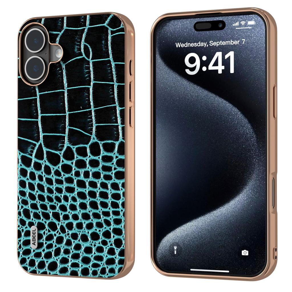 ABEEL For iPhone 16 Plus Case Electroplating Edge Crocodile Texture Genuine Cow Leather Back Phone Cover