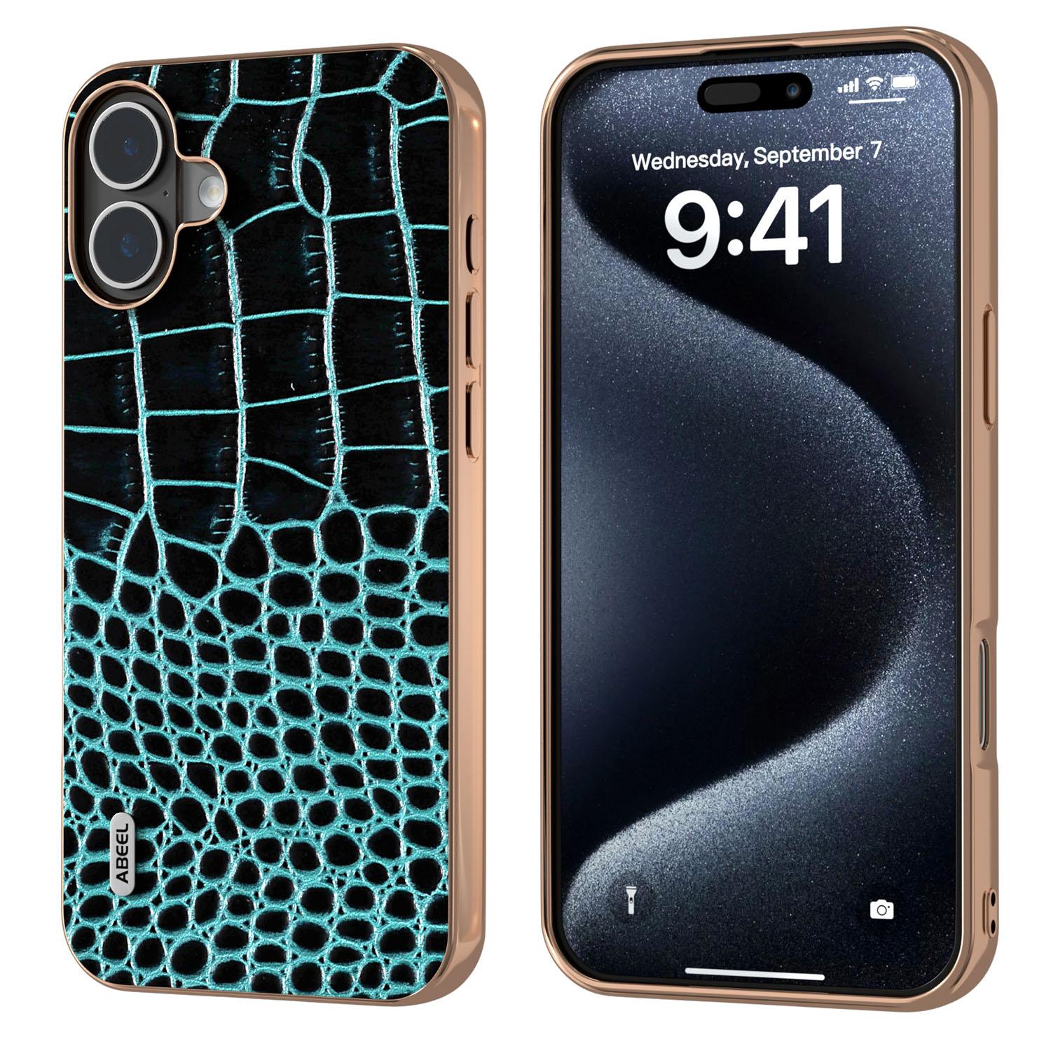ABEEL For iPhone 16 Case Electroplating Edge Crocodile Texture Genuine Cow Leather Back Phone Cover A